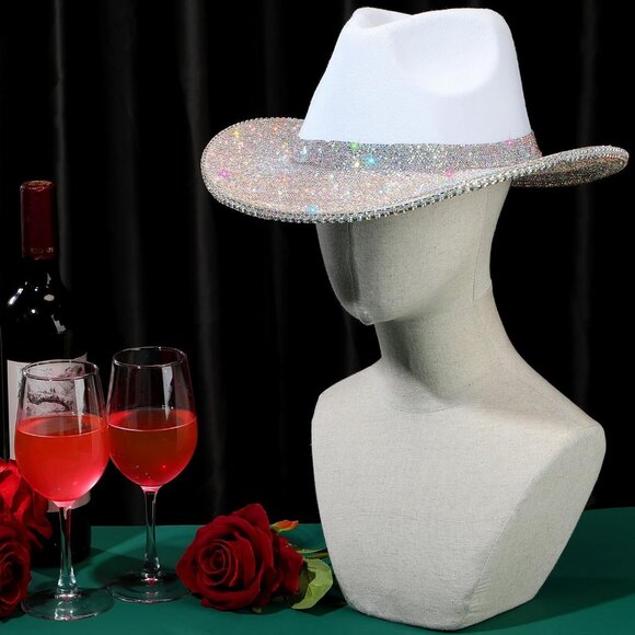 White Women Cowgirl Hat Hercicy Rhinestone Bling Western Wide Diamond Fringe - Picture 6 of 6